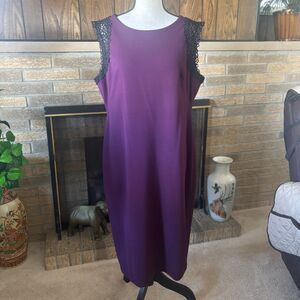 Calvin Klein Purple Sheath Dress Sz 14 Sleeveless Black Lace Trim